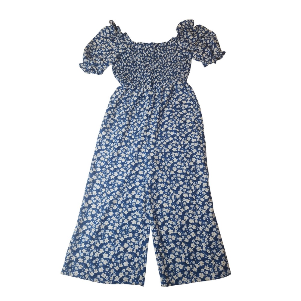 2 for‎ $25 L.N.V Floral Jumpsuit M Blue Puff Sleeve Costal Grandma Cottagecore